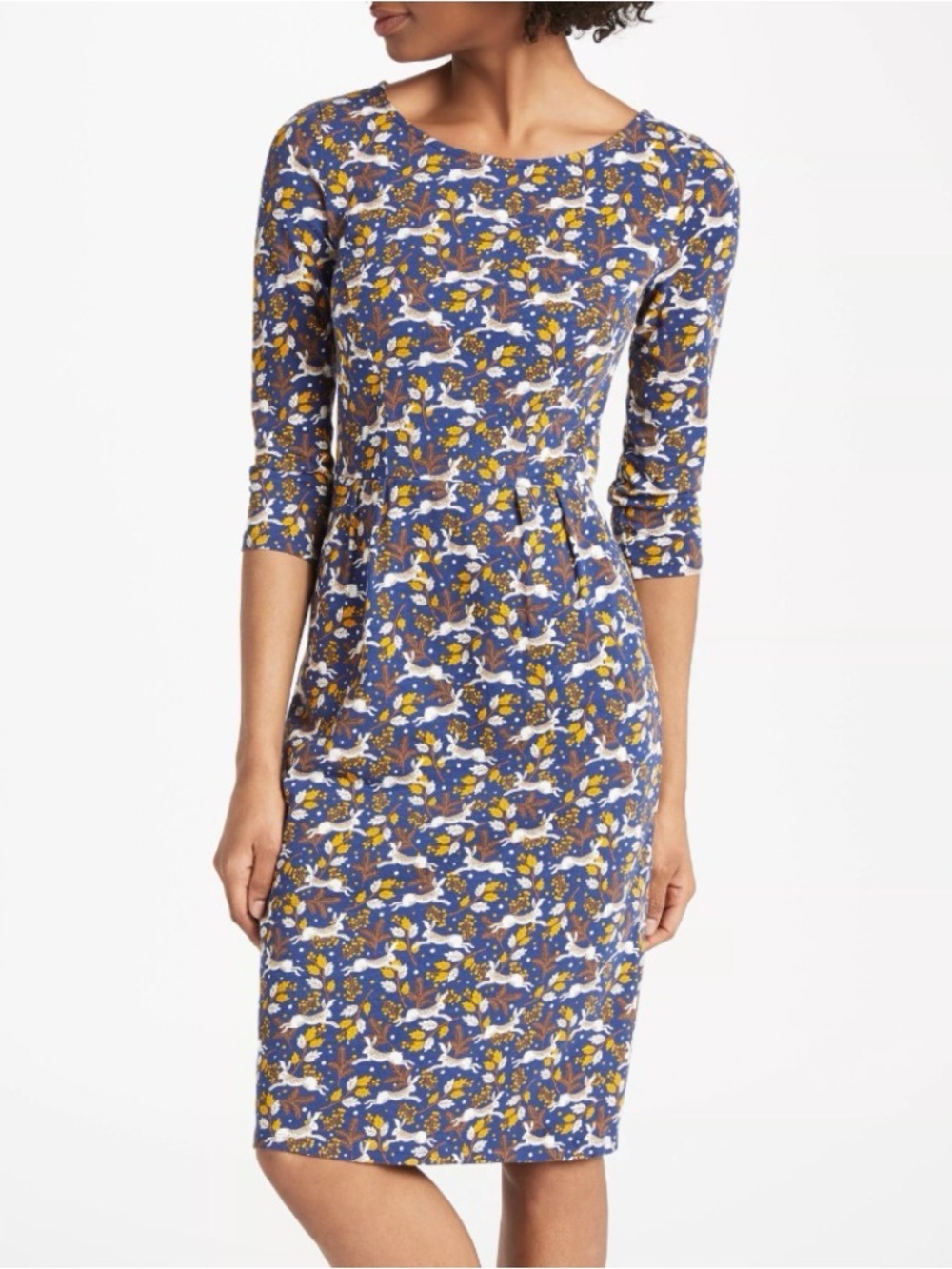 Boden Penny Jersey Dress Carbon Blue in a playful field hare and floral print 6R